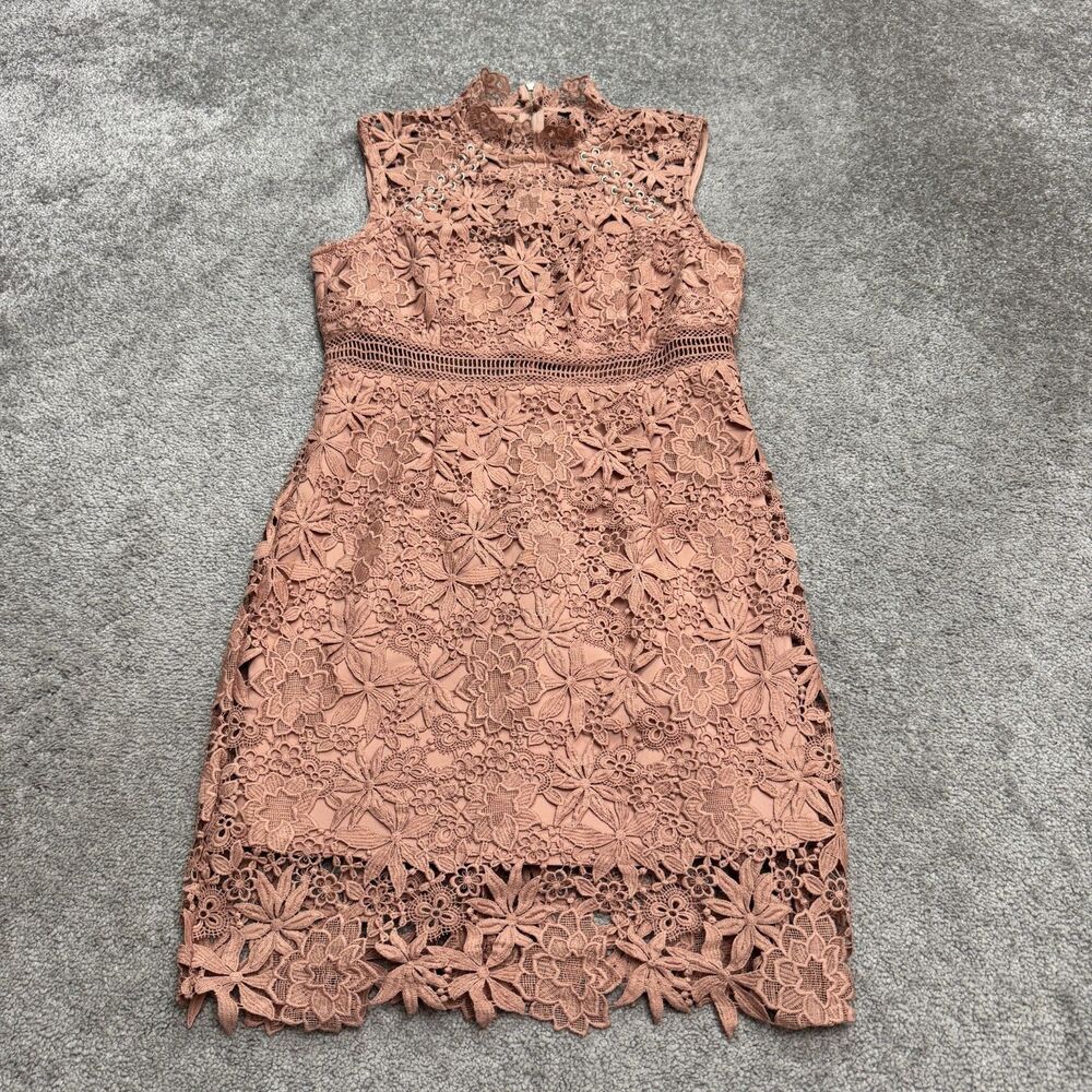 Bardot Floral Lace Mock Neck Sheath Dress Women 8 Blush Pink Sleeveless Cocktail